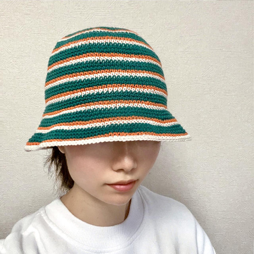 NO.3122017】ハンドメイド ボーダー クロシェハット グリーン系