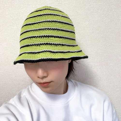 NO.3122018】ハンドメイド ボーダー クロシェハット イエローグリーン 