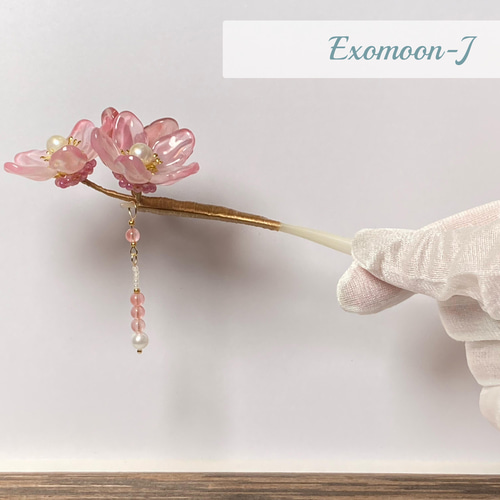 桃の花の簪 花のかんざし ＊グラスビーズ＊簪＊着物＊和装＊かんざし