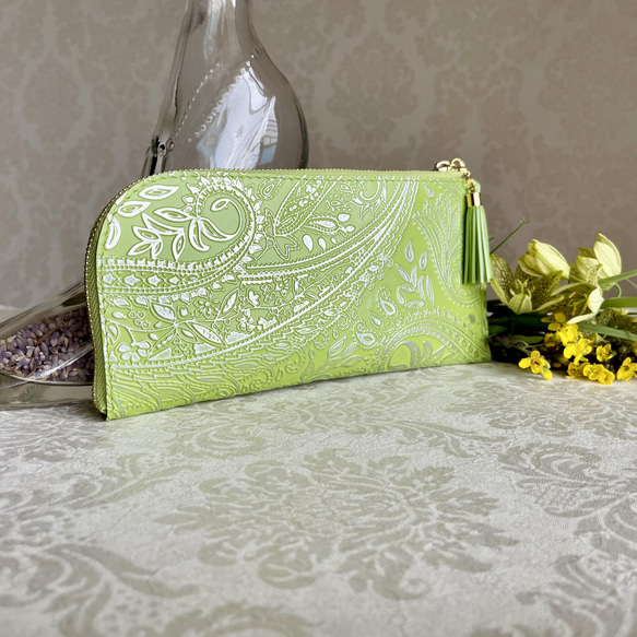 L字ファスナー 長財布 スリム 軽量 ✧ ペイズリー型押し ✧ シルバー  