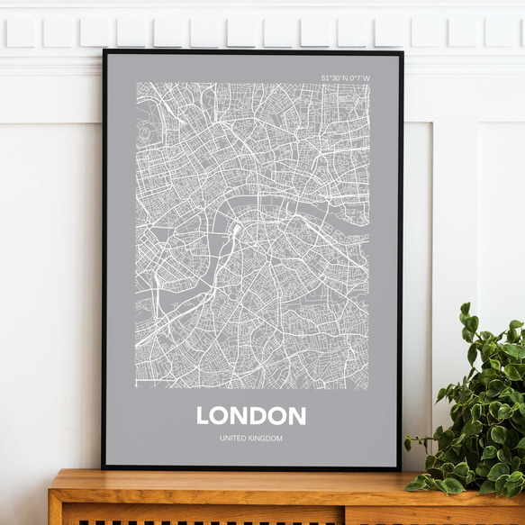 アートポスター MAP ロンドン グレー L判 ハガキ 2L判 A4 A3 B3 A2 B2 アート モノトーン 2枚目の画像
