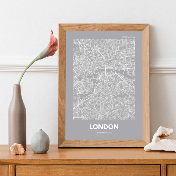 アートポスター MAP ロンドン グレー L判 ハガキ 2L判 A4 A3 B3 A2 B2 アート モノトーン 3枚目の画像