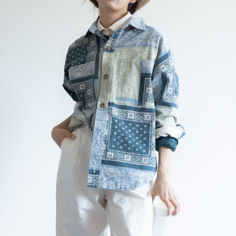 【春の支度♡】ハギレ合わせ風柄＊ゆったりめ＊ボーイッシュ風シャツT-25H
