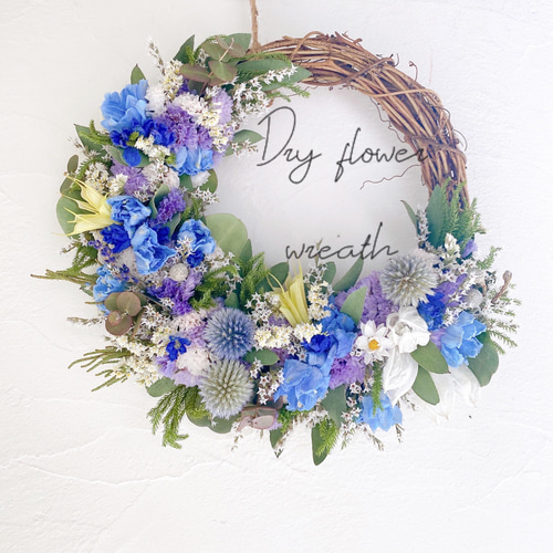 三日月ブルー爽やかリース 早割特別価格］ドライフラワー 爽やかブルー
