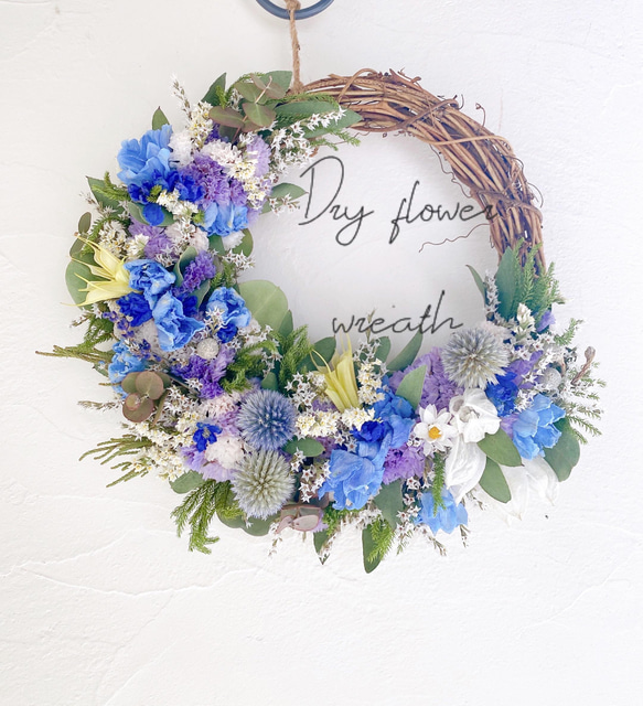 早割特別価格］ドライフラワー 爽やかブルー 三日月 リース 母の日