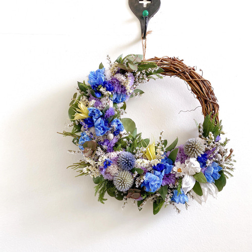 早割特別価格］ドライフラワー 爽やかブルー 三日月 リース 母の日