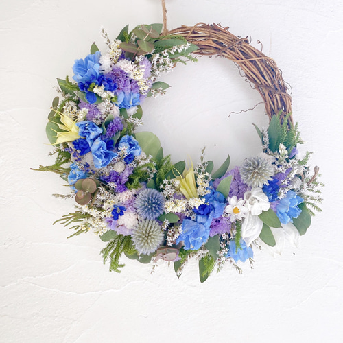 早割特別価格］ドライフラワー 爽やかブルー 三日月 リース 母の日