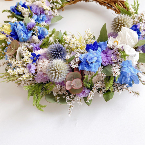 三日月ブルー爽やかリース 受注制作 ～爽やかブルーの三日月フラワーリース～ リース