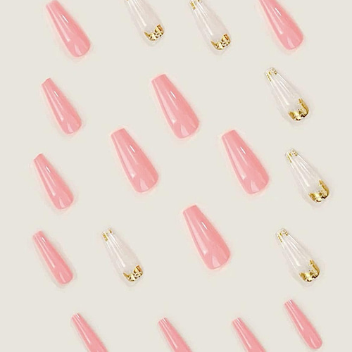 N74》既成ネイルチップ24枚セット ピンク クリア 金箔 ロング