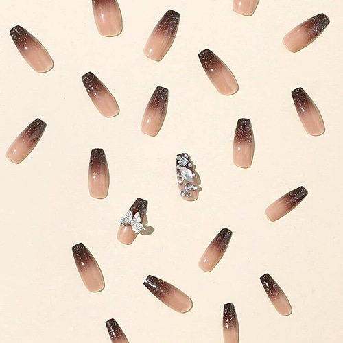 N129》既成ネイルチップ24枚セット 茶色 ブラウン リボン  