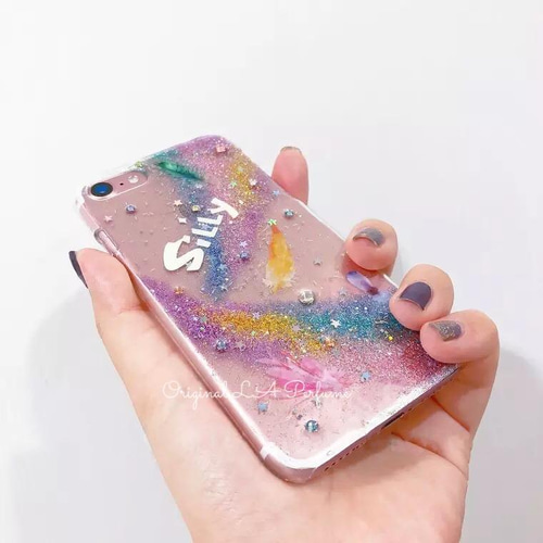 名入れ♡キラキラユニコーン✨リボンチャーム✨パープルブルー系
