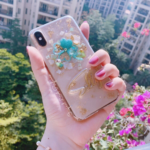 名前入り♡キラキラシェルフラワー✨淡色✨フレーク♡スマホケース ハンドメイド