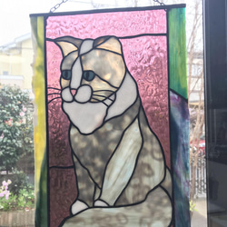 ステンドグラス　高級アートパネル　インテリア壁掛け（Ap-48.グレー猫） 3枚目の画像