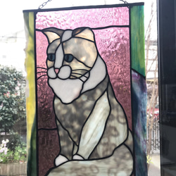 ステンドグラス　高級アートパネル　インテリア壁掛け（Ap-48.グレー猫） 5枚目の画像