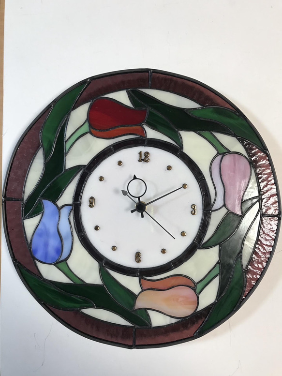 希少　ヴィンテージ　アイアン　チューリップ　ステンドグラス　ミラー　壁掛け　鏡 ウォールミラー 44.5×52.5cm ヴィンテージ 古木材