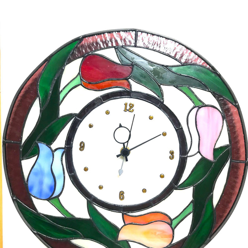 ステンドグラス 壁掛け時計（Ap-49.丸型チューリップ） 掛け時計