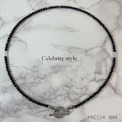 ブラックスピネル 天然石 ネックレス ハンドメイド 長さ38〜65cm 黒