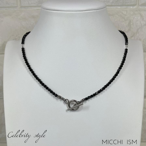 ブラックスピネル 天然石 ネックレス ハンドメイド 長さ38〜65cm 黒