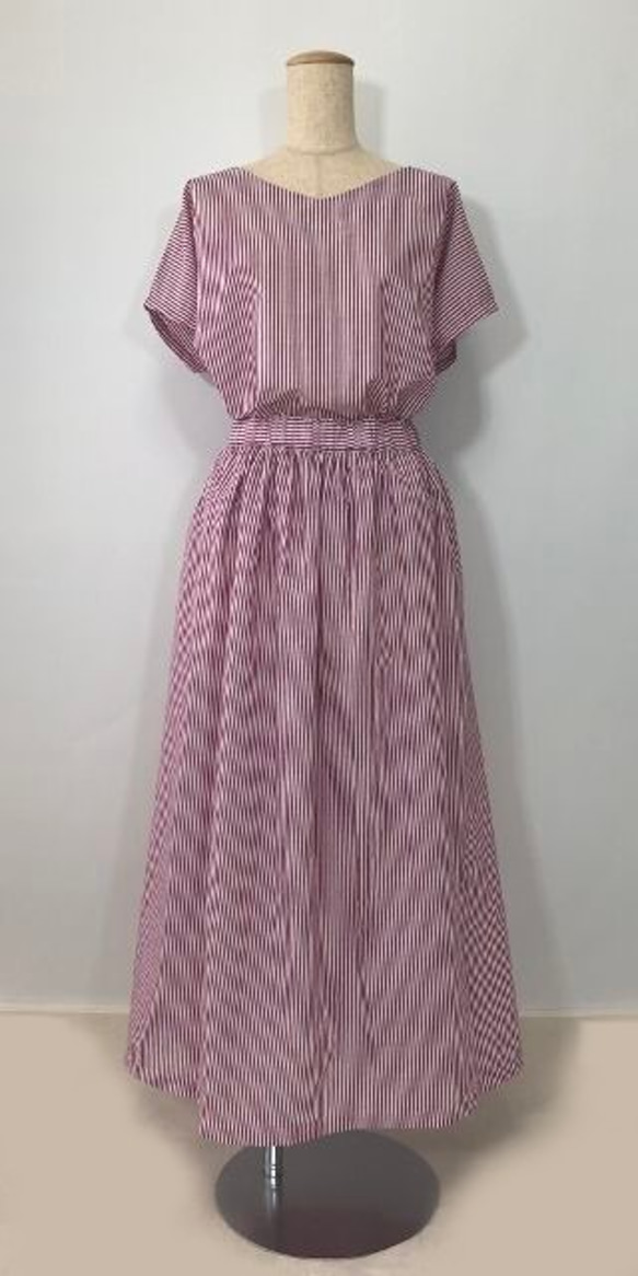 【SALE】　上下セット  ブルーレッド×白 ストライプ  シンプルブラウス&ロング88cm丈スカート 2枚目の画像