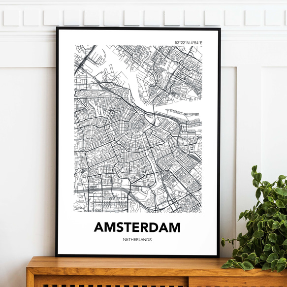 アートポスター MAP アムステルダム ブラック L判 ハガキ 2L判 A4 A3 B3 A2 B2 アート モノトーン 2枚目の画像