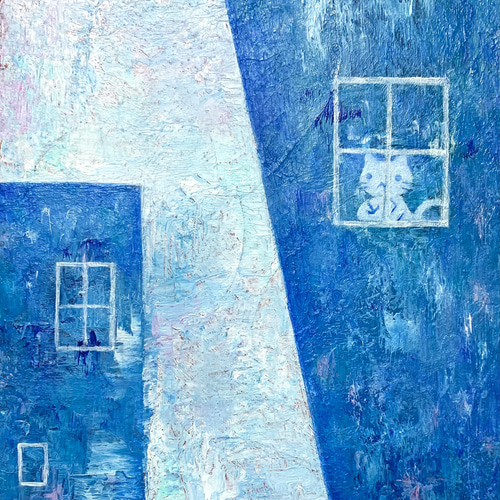 青い猫の抽象油彩画
