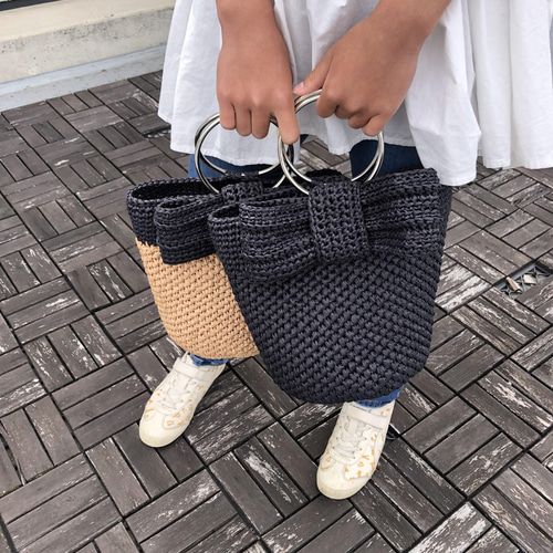 大きなリボンのリングハンドルバッグ・ナチュラル（受注制作） かご