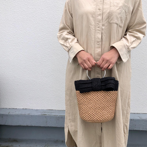 大きなリボンのリングハンドルバッグ・ナチュラル（受注制作） かご