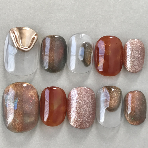 クリアブラウンゴールド 透け感ミラーネイル ネイルチップ ニュアンス