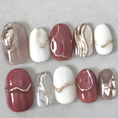 人気カラー♡こっくりレッドホワイトブラウン 大人ニュアンスネイル