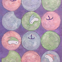 原画 油絵 果実の調べ リンゴうさぎのアート 抽象画  F3号 パープル×パステルカラー モダンアート 4枚目の画像