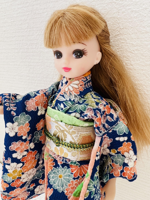 リカちゃん　小紋柄着物と帯セット　青　ネイビー 3枚目の画像