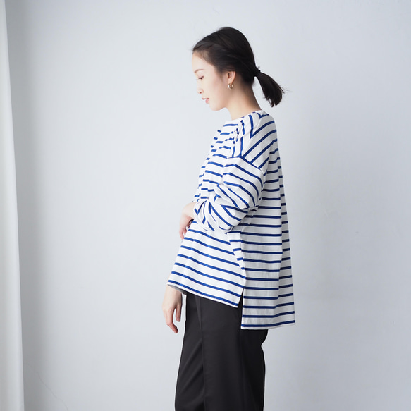オーバーサイズ ボーダー長袖Tシャツ ブルー(ロンT) Tシャツ BLUEWHITE