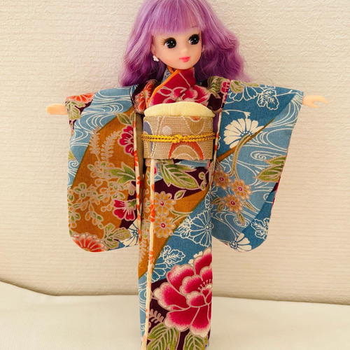 【WEB限定】 ブルー 水色 椿 帯セット 着物 リカちゃん その他人形 made H's 着せ替え服・アウトフィット