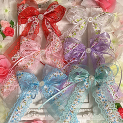 ヘアゴム　ベビーヘアクリップ　ぷっくりいちご×コットンリボン１〜３ 再販×2♪ 2個 セット♡ たらりんオーガンジーとレースリボン の キッズ