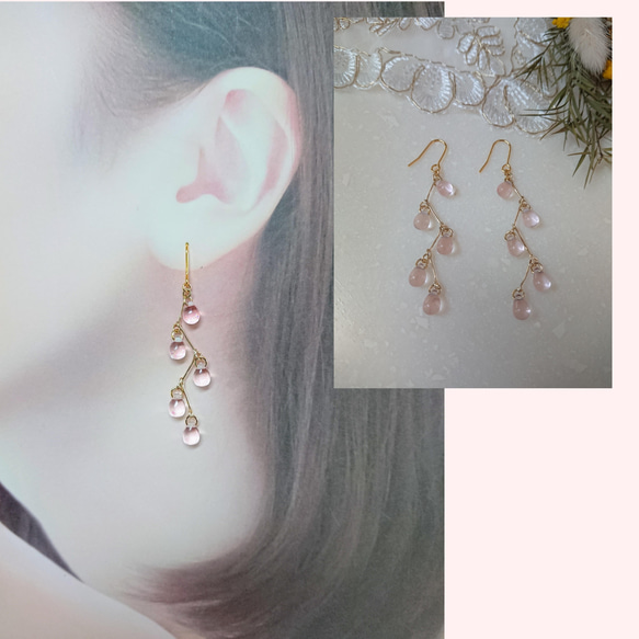 しずく型ガラスビーズのピアス・イヤリング(ピンク) ピアス（フック