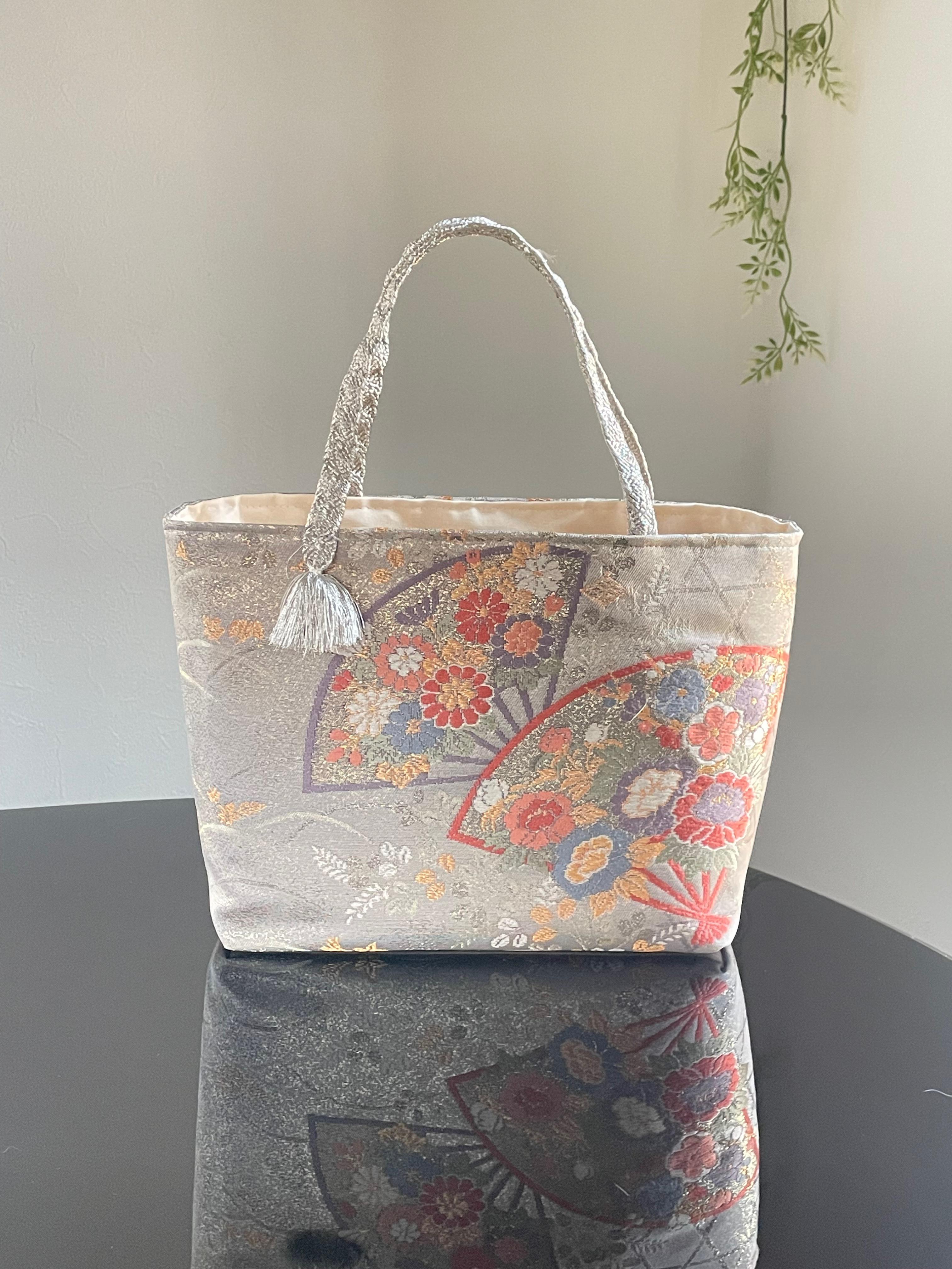 帯リメイクバッグ 扇子に花々 ミニトートバッグ トートバッグ 彩