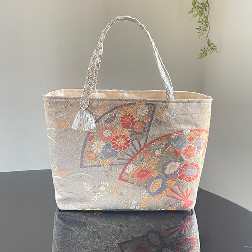 帯リメイクバッグ 扇子に花々 ミニトートバッグ トートバッグ 彩