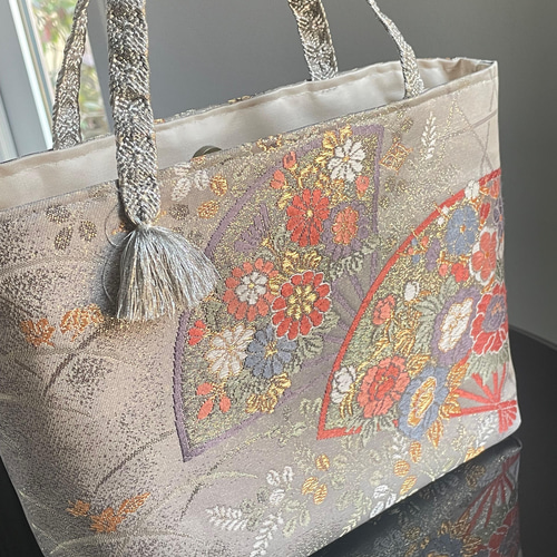 帯リメイクバッグ 扇子に花々 ミニトートバッグ トートバッグ 彩