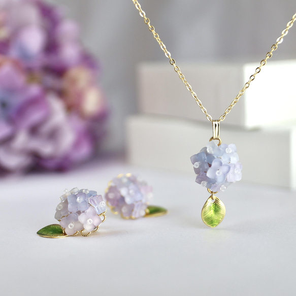 紫陽花ピアス/イヤリングとネックレスセット パープル 紫陽花ピアス/イヤリングとネックレスセット パープル