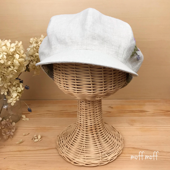 【キッズ】フレンチリネンのラベンダー刺繍　キャスケット帽　 3枚目の画像