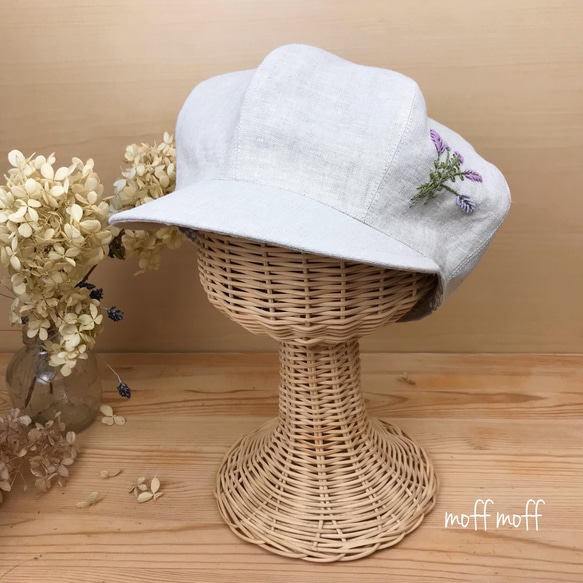 【キッズ】フレンチリネンのラベンダー刺繍　キャスケット帽　 5枚目の画像