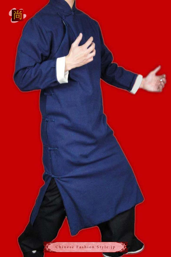 オーダーメード伝統的中国礼服 上等リネン生地 手作りチャイナカラー付き 紺 プレミアムコート#103 4枚目の画像