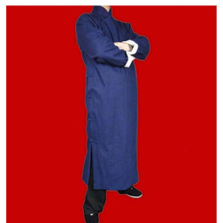 オーダーメード伝統的中国礼服 上等リネン生地 手作りチャイナカラー付き 紺 プレミアムコート#103 1枚目の画像