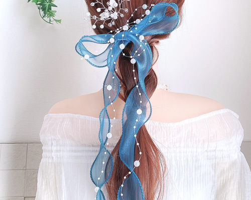 オーガンジーリボン♡雪の結晶♡オーシャンブルー♡ヘアリボン パール＆ブルーグリーン 】シアーリボン の ポニーフック