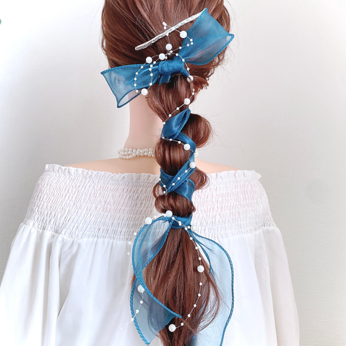 パール＆ブルーグリーン 】シアーリボン の ポニーフック