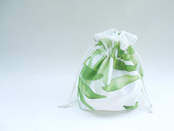 特注サイズ専用ページになります：ボタニカル・グリーン☆コットンライクな柔らかボイルレースのコロンとした巾着ポーチ 3枚目の画像