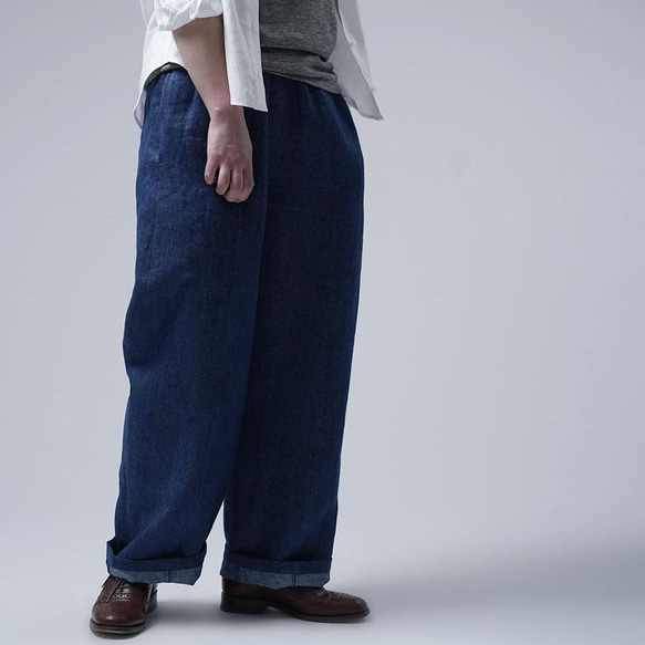 [wafu]改良版！不太寬鬆的亞麻牛仔寬鬆褲/靛藍b011g-ind3 第5張的照片