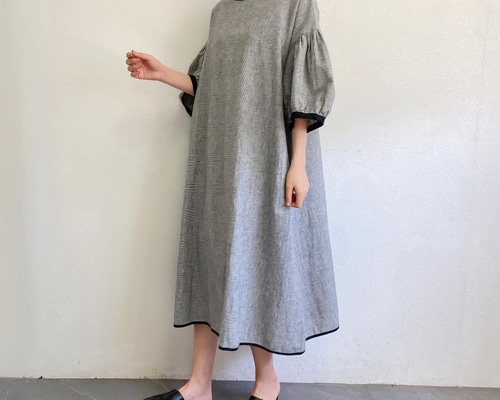 MAGALIコットンリネングレンチェックワンピース長袖グレーチェックF