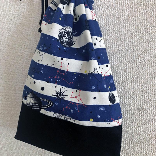 ボーダー宇宙　上履き袋 宇宙好きな男の子に！宇宙ボーダー柄（ネイビー）のシューズ袋（上履き