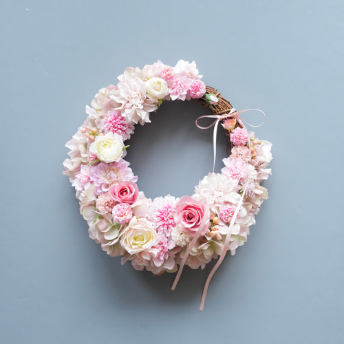 リース ピンクグリーンあじさいとロマンティックピンクローズ 造花